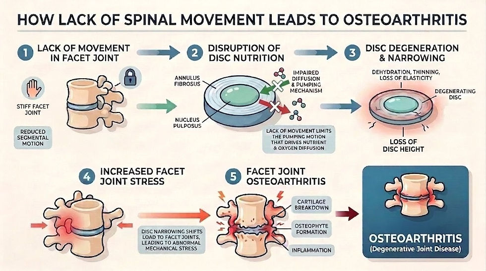 Infographic illustrating how reduced spinal movement may contribute to disc degeneration and facet joint osteoarthritis through impaired disc nutrition, loss of disc height, and increased facet joint stress.