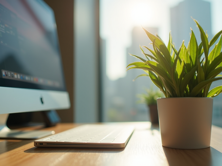 Eye-level view of a modern workspace with a focus on a vibrant plant