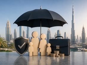 Wooden family figures protected by an umbrella beside a briefcase and coins, representing ILOE Insurance in the UAE