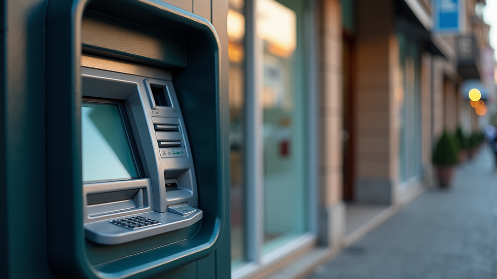 Eye-level view of a modern ATM machine installed outside a retail store