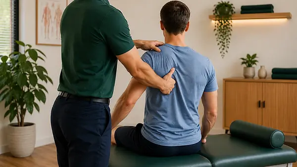 Physiotherapist providing shoulder pain treatment during a personalised physiotherapy session in Wigmore.