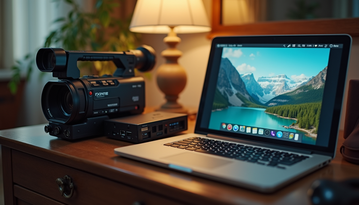 High angle view of a digital converter device connected to an old camcorder and a laptop
