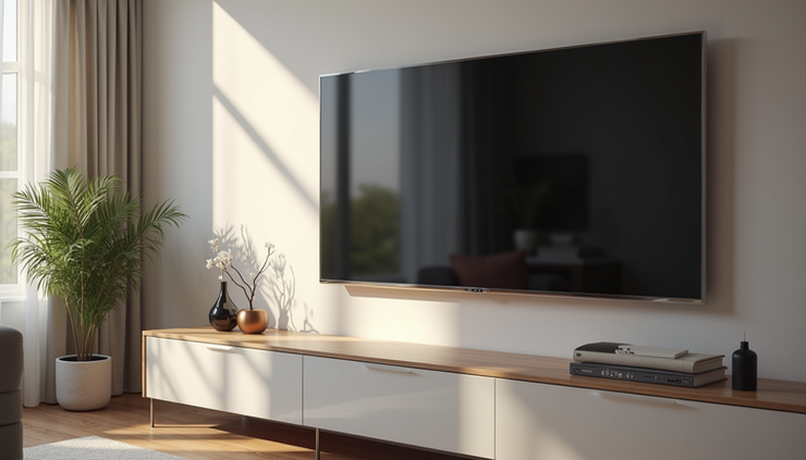 High angle view of a modern flat-screen television mounted on a wall