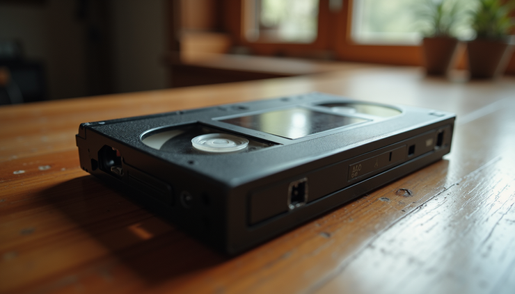 Eye-level view of a vintage VHS tape resting on a wooden table
