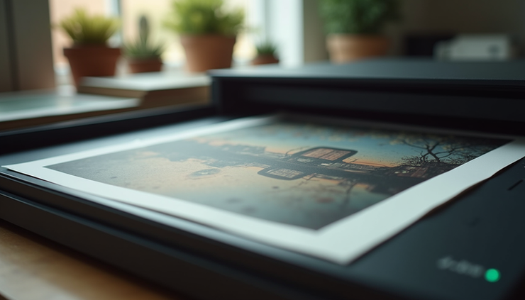 Eye-level view of a flatbed scanner scanning old photographs