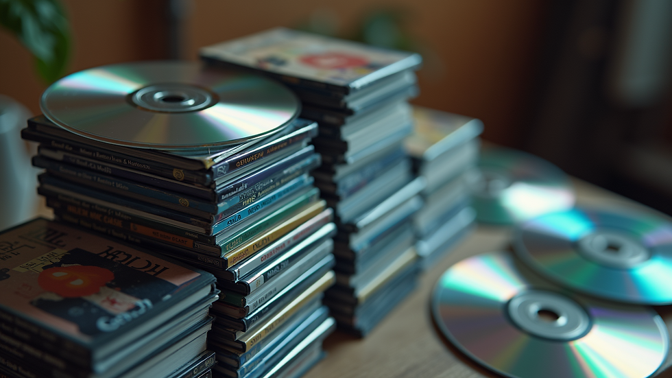 High angle view of a collection of DVDs stacked neatly