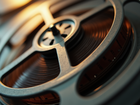 A close-up of a film reel with a film strip unwinding