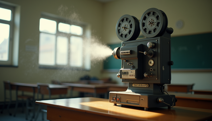 Eye-level view of Bell and Howell 16mm projector in operation projecting a film onto a screen