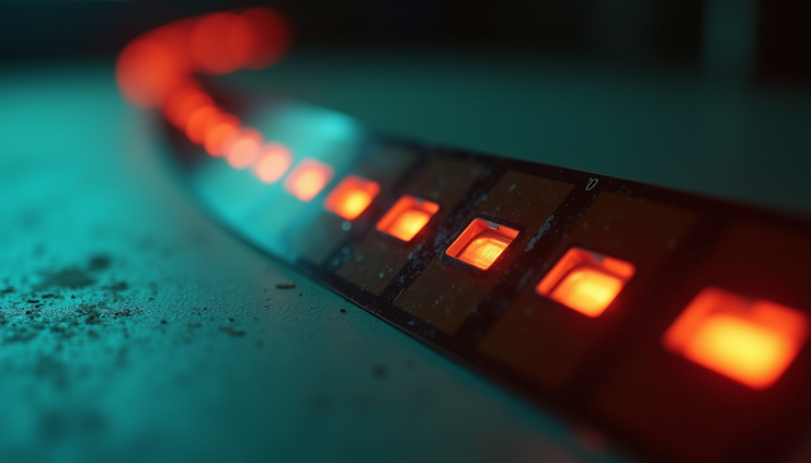 Close-up view of vintage cine film strip showing the sound stripe