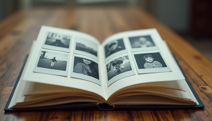 Eye-level view of a Polaroid photo album filled with instant pictures