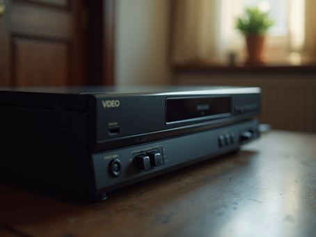 A close-up view of a Video 2000 tape and player showcasing its unique design.