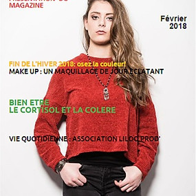 Couverture du premier magazine de Falone.Mag, il y a une jeune fille en pull rouge ainsi que des titres d'articles
