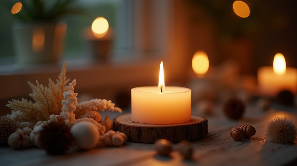 Close-up view of a lit aromatic candle surrounded by natural elements