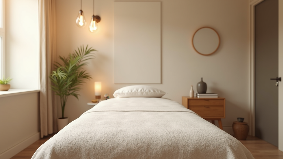 Eye-level view of an acupuncture treatment room with calming decor