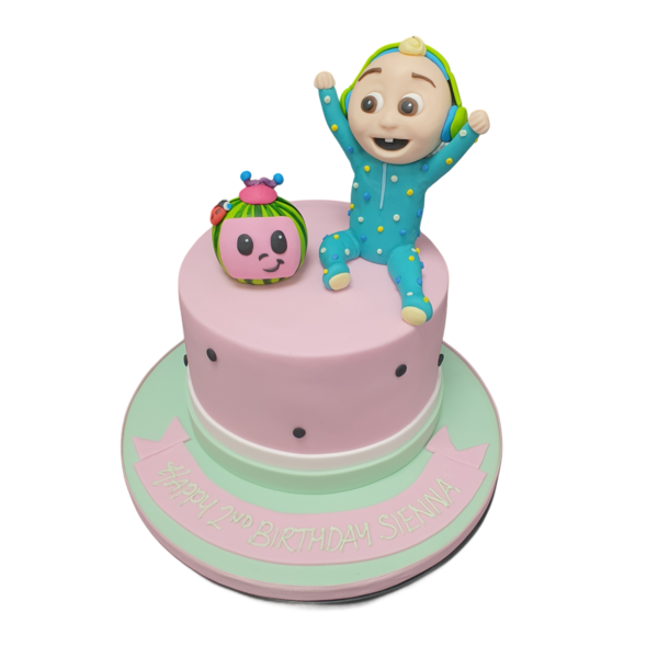 Colorful and cheerful Cocomelon-themed children's birthday cake with fondant decorations on white icing, perfect for a fun celebration.