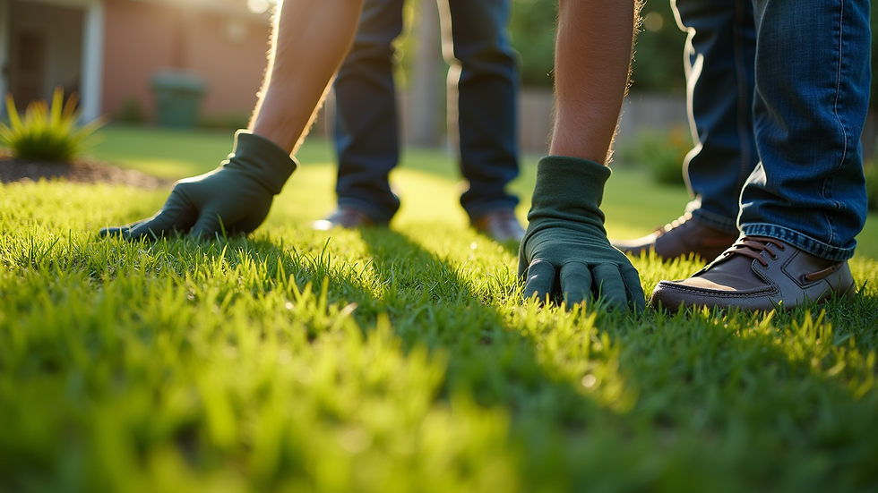 High angle view of a homeowner inspecting a healthy lawn with gardening tools nearby