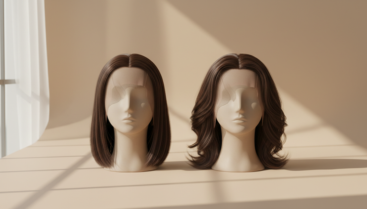 Eye-level view of two hair toppers on simple mannequin heads.
