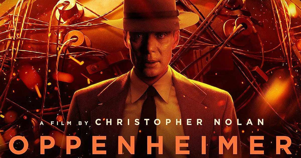 Man in a suit and hat with intense expression, surrounded by chaotic wires and glowing lights. Text reads "A Film by Christopher Nolan - Oppenheimer."