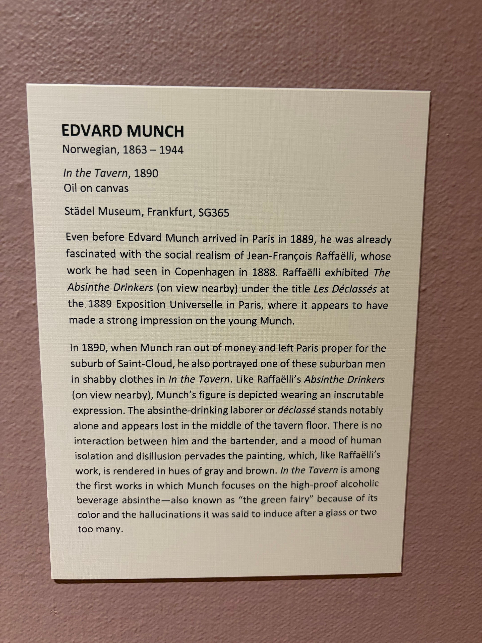 Museum label for Edvard Munch's painting In the Tavern, on loan from the Städel Museum, Dixon Gallery & Gardens