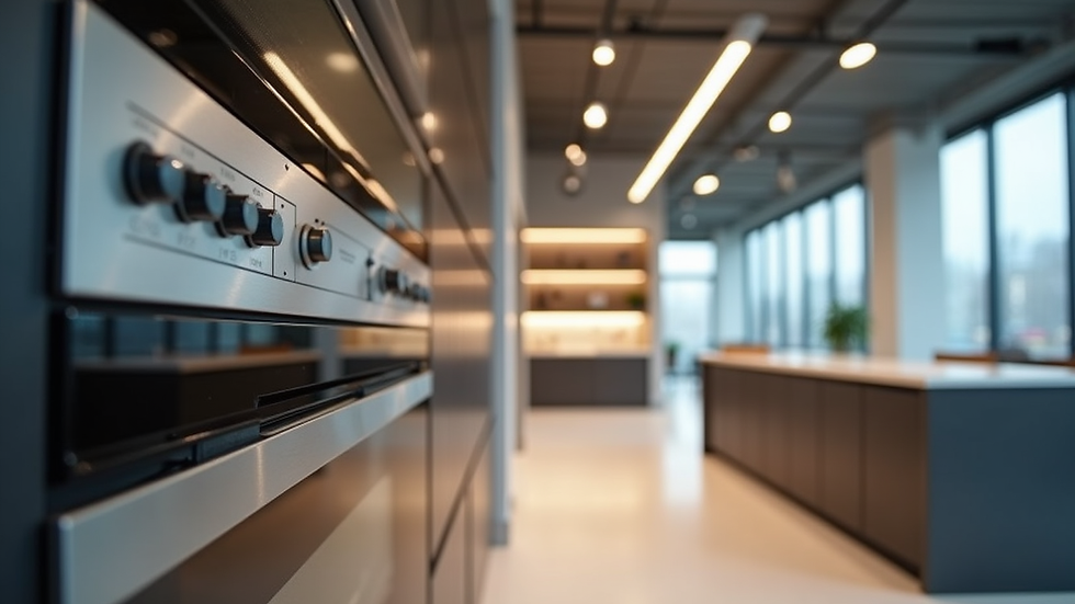 Eye-level view of modern kitchen equipment display in showroom