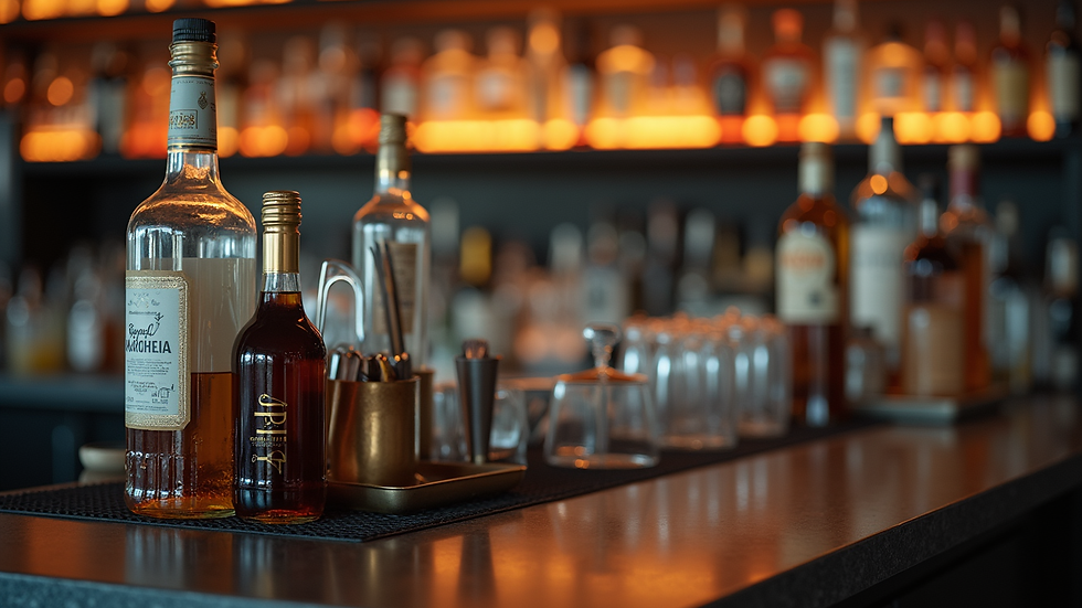 Close-up view of a clean and organized bar workstation with tools and bottles