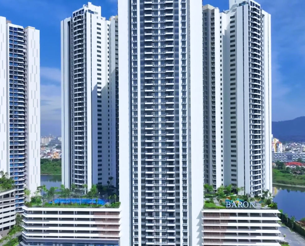Skyscrapers with white facades under a clear blue sky, surrounded by greenery. The name "Baron" is visible on a building. Urban setting.