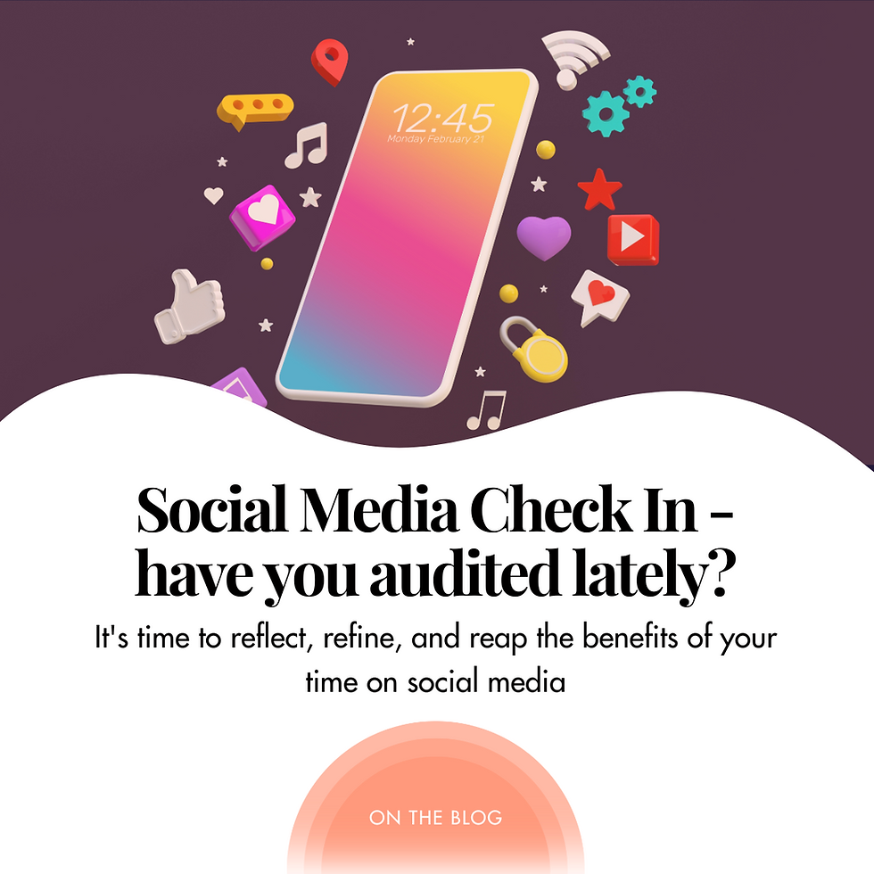 Top half has a photo of a graphic designed phone with social media icons surrounding it. The image is divided in two by a squiggly line and the text below reads "Social Media Check In - have you audited lately? It's time to reflect, refine, and reap the benefits of your time on social media.