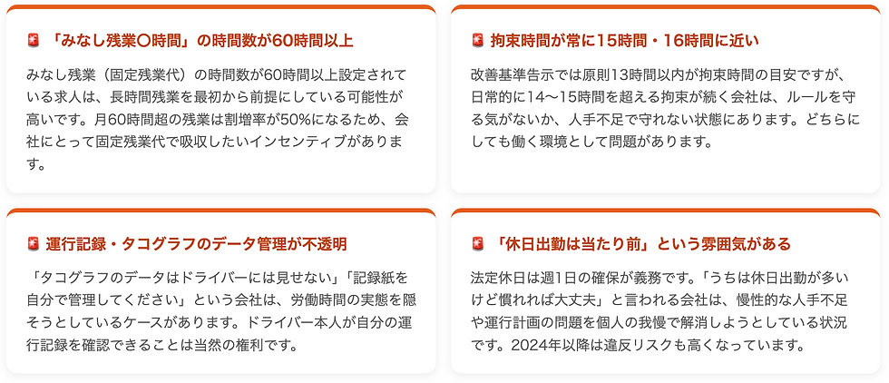 🚨 「みなし残業〇時間」の時間数が60時間以上 みなし残業(固定残業代)の時間数が60時間以上設定されている求人は、長時間残業を最初から前提にしている可能性が高いです。月60時間超の残業は割増率が50%になるため、会社にとって固定残業代で吸収したいインセンティブがあります。 🚨 拘束時間が常に15時間・16時間に近い 改善基準告示では原則13時間以内が拘束時間の目安ですが、日常的に14〜15時間を超える拘束が続く会社は、ルールを守る気がないか、人手不足で守れない状態にあります。どちらにしても働く環境として問題があります。 🚨 運行記録・タコグラフのデータ管理が不透明 「タコグラフのデータはドライバーには見せない」「記録紙を自分で管理してください」という会社は、労働時間の実態を隠そうとしているケースがあります。ドライバー本人が自分の運行記録を確認できることは当然の権利です。 🚨 「休日出勤は当たり前」という雰囲気がある 法定休日は週1日の確保が義務です。「うちは休日出勤が多いけど慣れれば大丈夫」と言われる会社は、慢性的な人手不足や運行計画の問題を個人の我慢で解消しようとしている状況です。2024年以降は違反リスクも高くなっています。