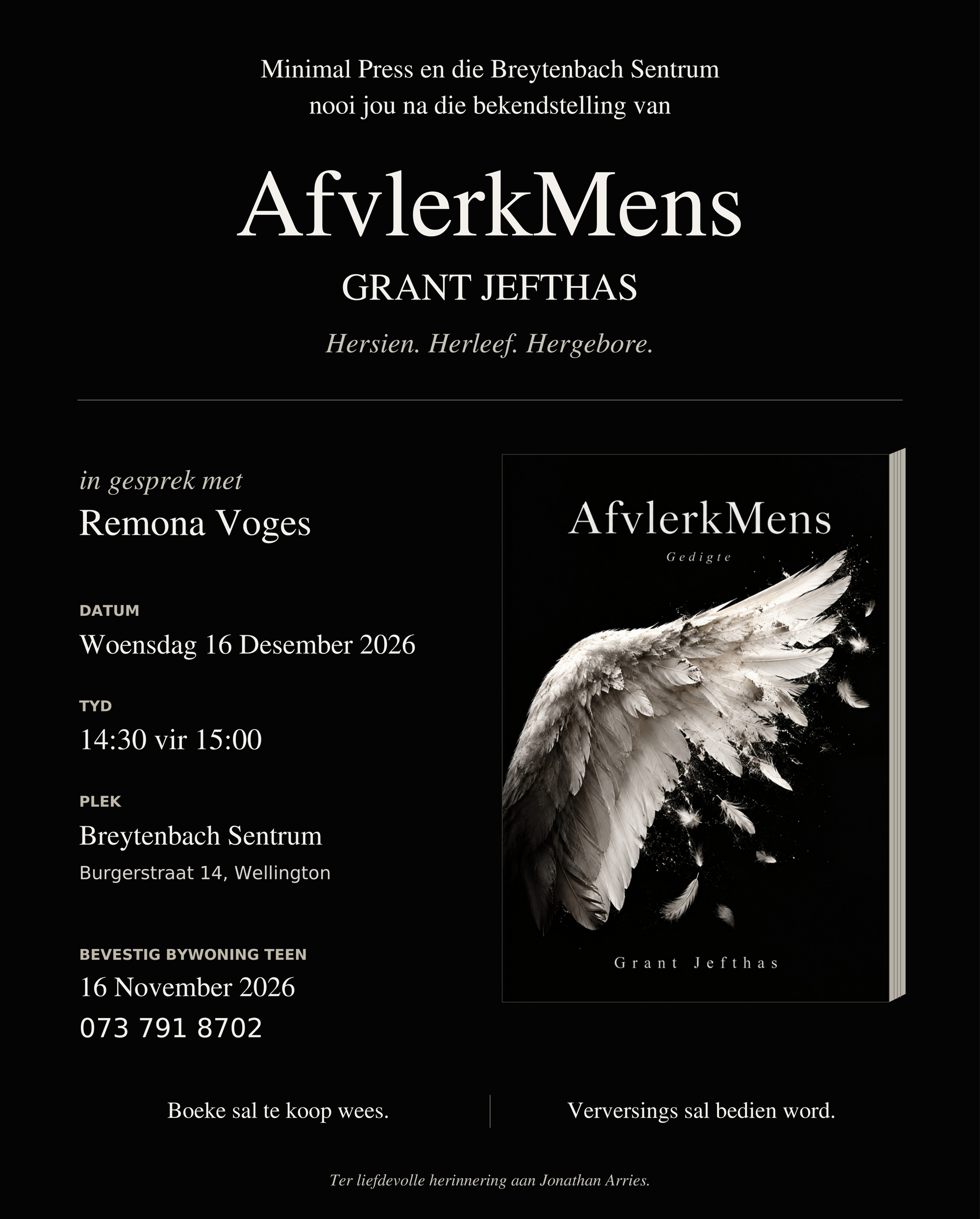 Uitnodiging na die bekendstelling van AfvlerkMens deur Grant Jefthas op 16 Desember 2026 by die Breytenbach Sentrum, Wellington