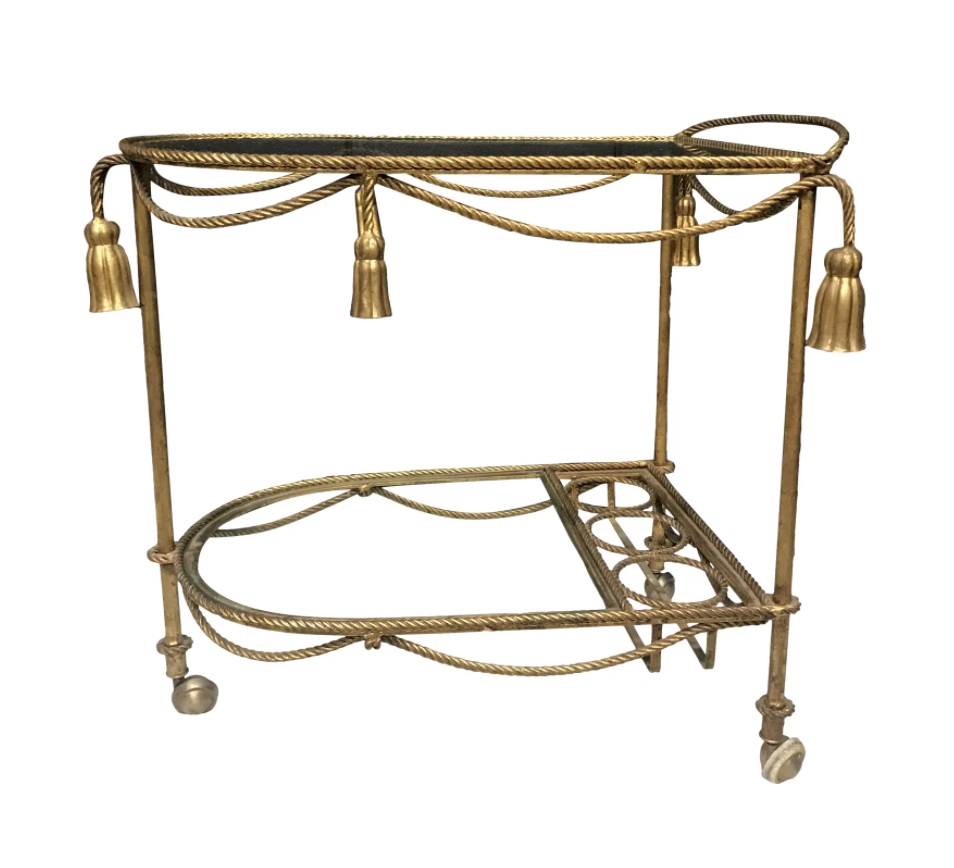 Hollywood Regency Mid Century Gold Gilt Tassel Bar Cart