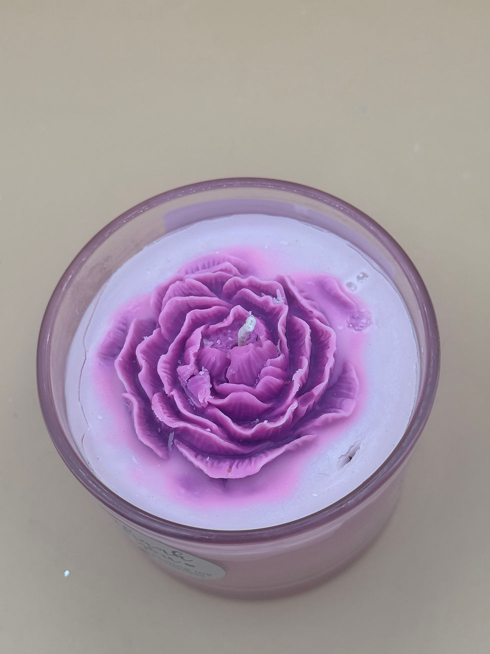 Thumbnail: 12oz container candle scented with sparkling pear with Peony flower topper