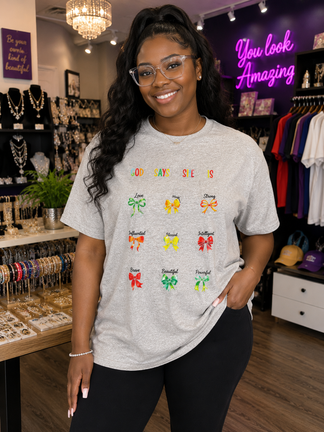 God Says She Is Inspirational Bow Graphic T-Shirt