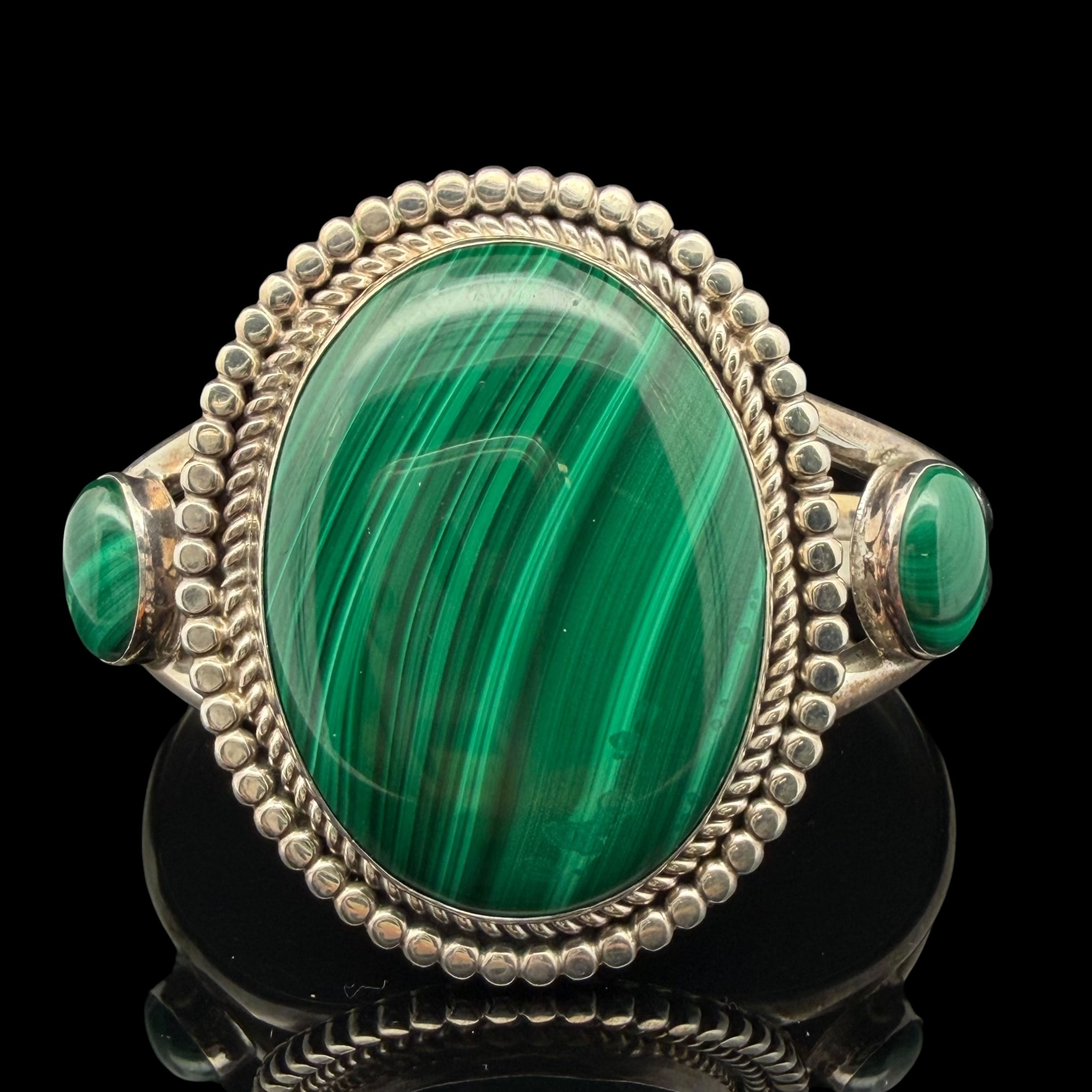 Native Running Bear Shop sterling malachite 3-stone cuff bracelet