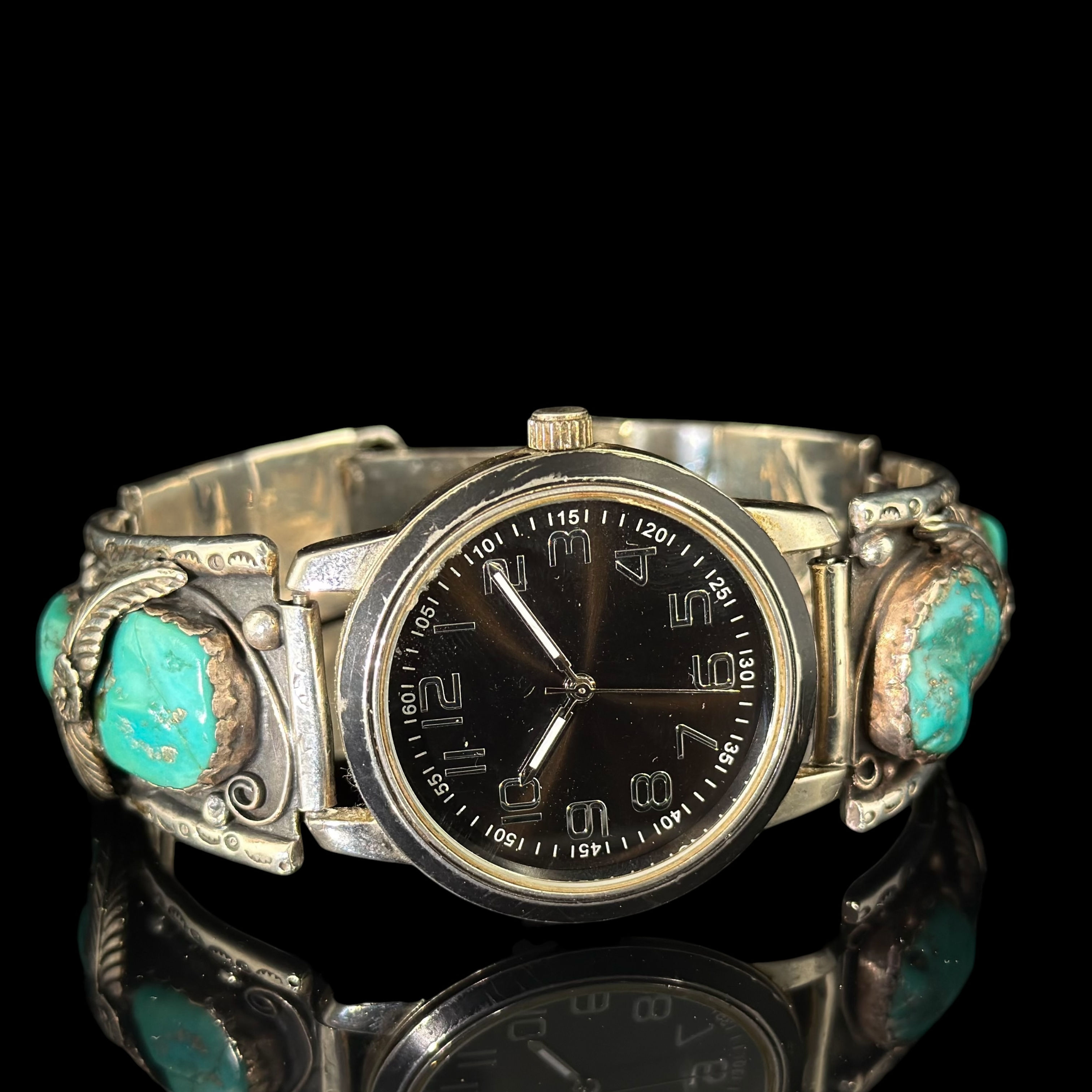 Native Navajo 925 turquoise flower & leaf motif watch band w/ quartz mvmt