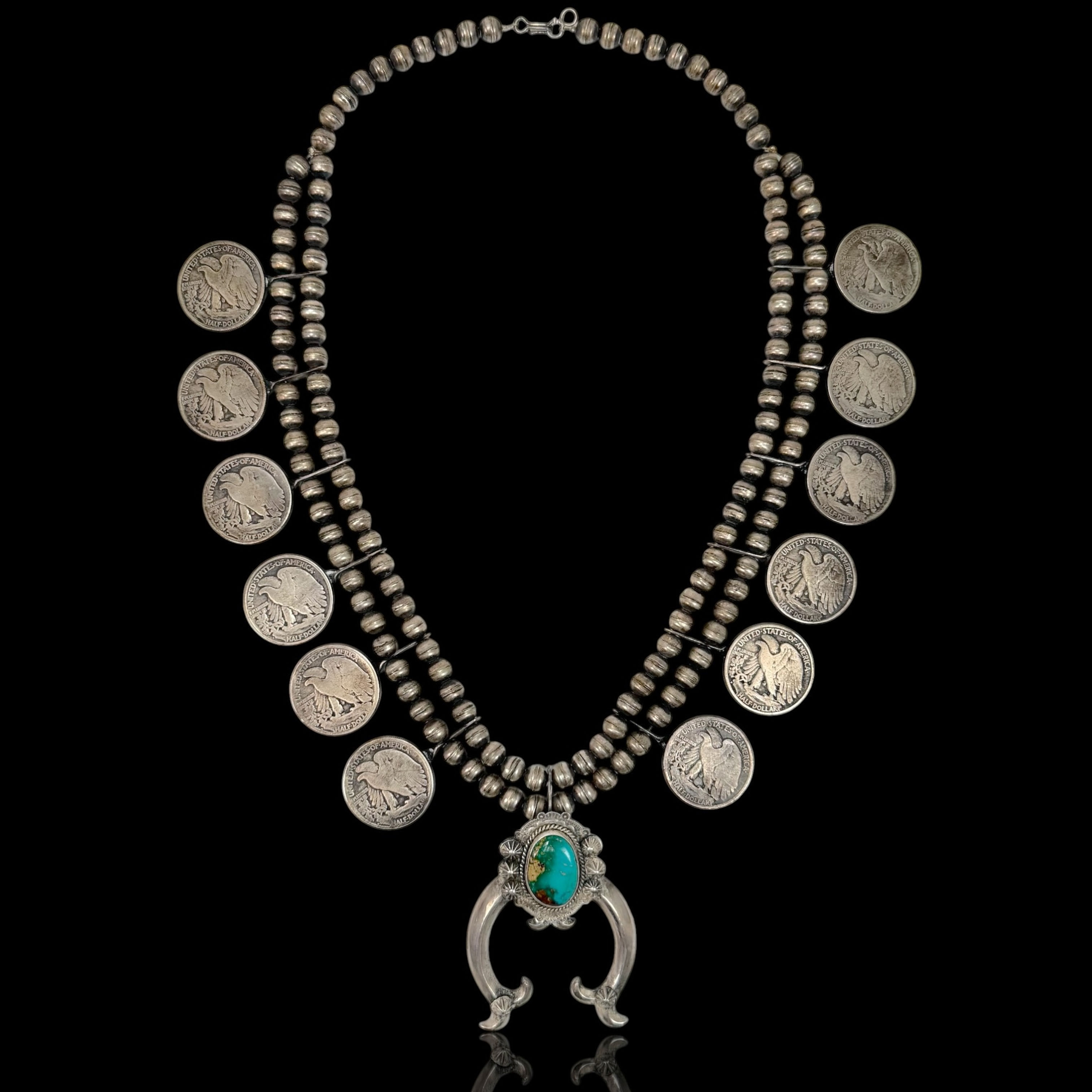 Native Jim Red Father Navajo .925 walking liberty squash blossom necklace