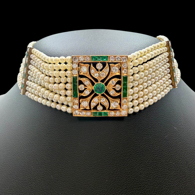 Vintage 14K yellow gold natural diamond, emerald & pearl choker necklace