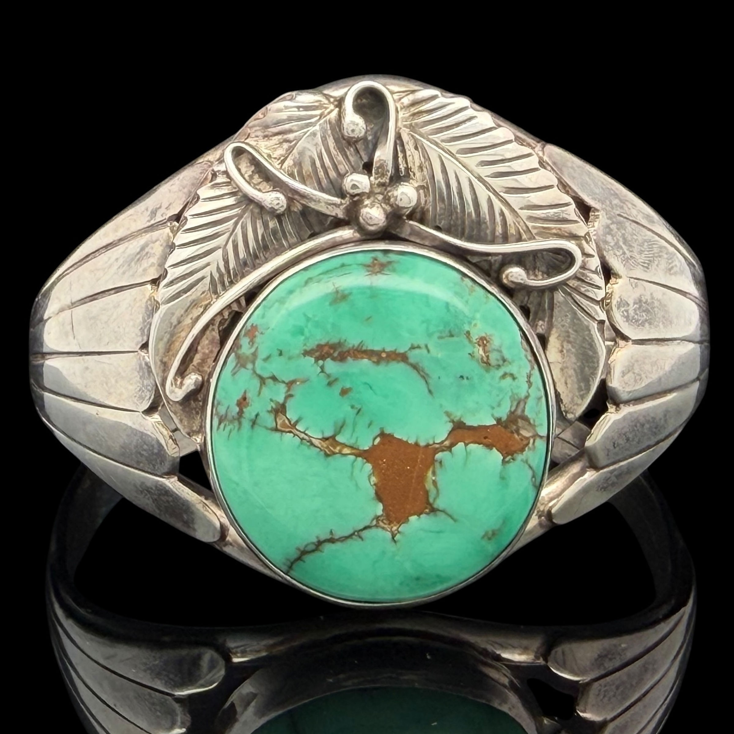 Native Cecil Atencio Navajo sterling turquoise leaf motif cuff bracelet