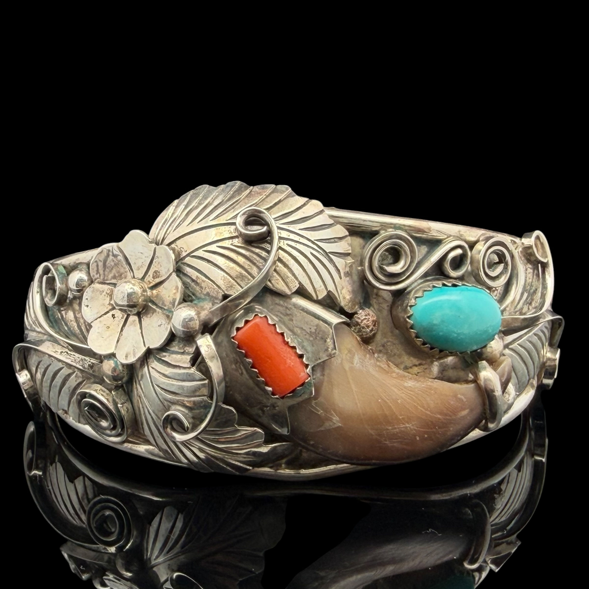 Native James Toadelena Navajo sterling coral & turquoise bear claw cuff