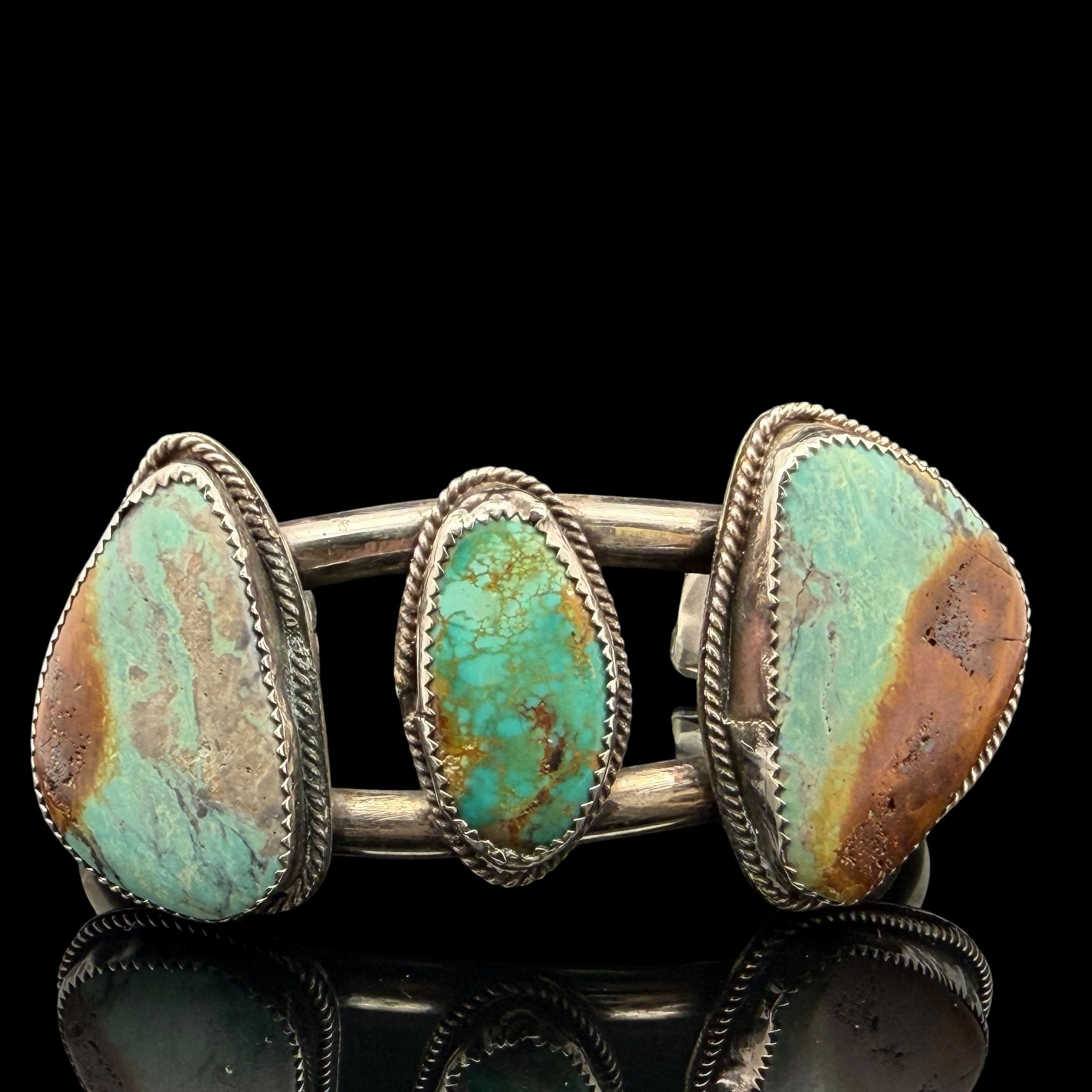 Native Navajo sterling silver natural turquoise 3-stone cuff bracelet