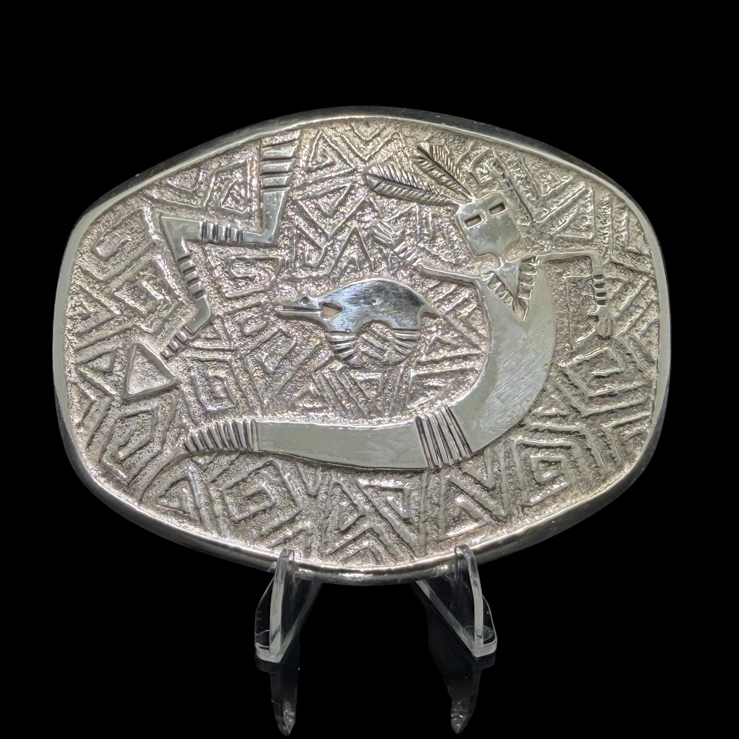 Estate Native American Zuni sterling bear, lightning and kachina belt buckle