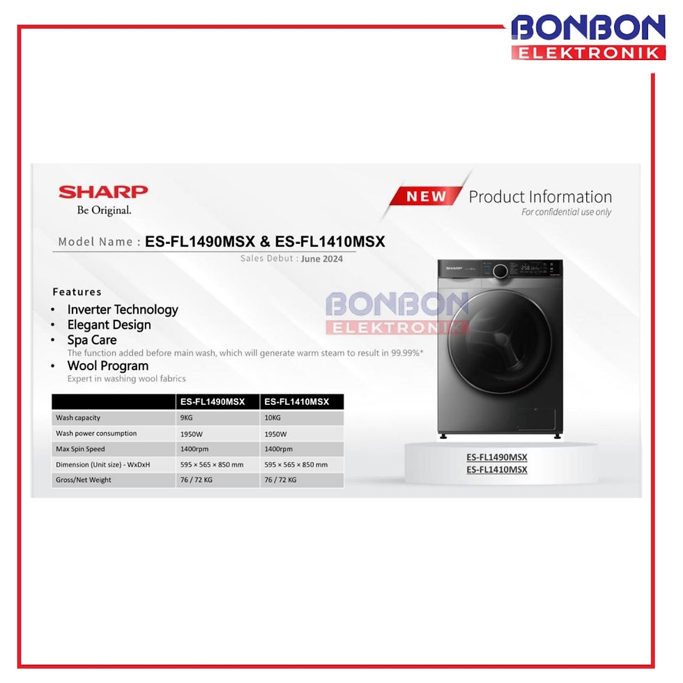 Thumbnail: SHARP Mesin Cuci Front Loading 9 Kg ES-FL1490MSX Inverter Technology / ES FL1490
