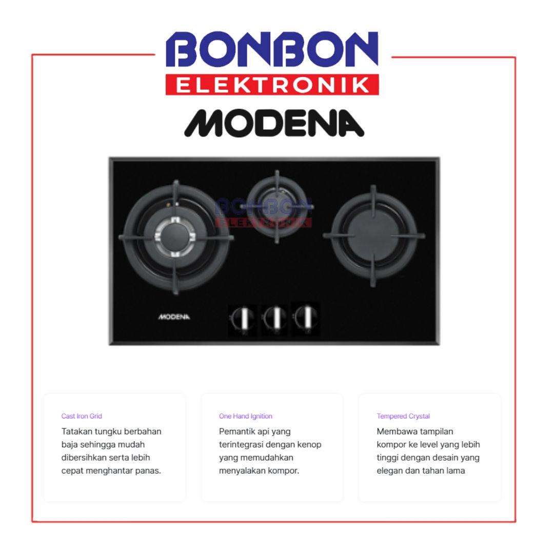 Modena Kompor Tanam Gas 3 Tungku BH 1735 / BH1735 Gas Hob