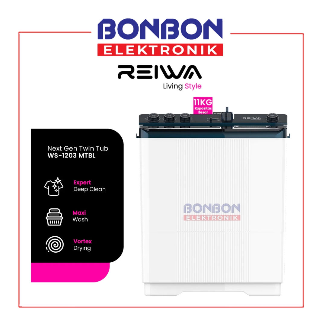 Reiwa Mesin Cuci 2 Tabung 11Kg WS-1203MTBL / WS 1203 MTBL / WS 1203 Midnight Blu