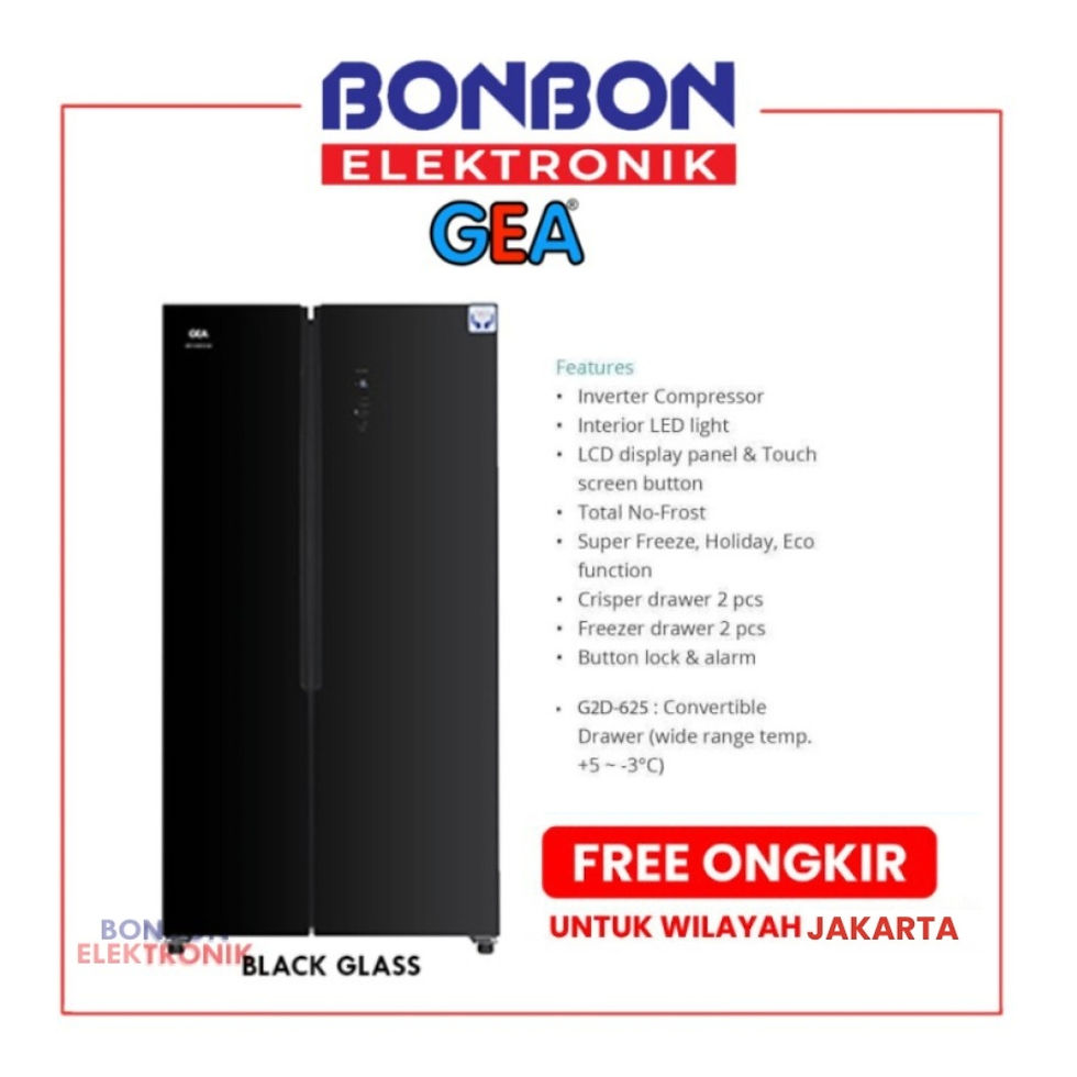 GEA Kulkas Side By Side 2 Pintu G2D 623 Black / G2D623 Black Glass