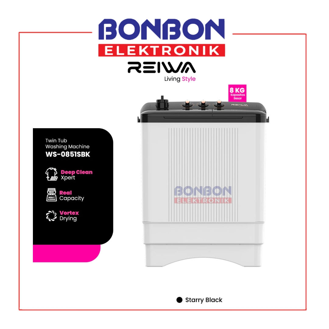 Reiwa Mesin Cuci 2 Tabung 7Kg WS-0851SBK / WS 0851 SBK / WS-0851 Starry Black -