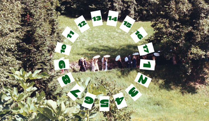 Circular arrangement of white table number cards (numbered 1-17) with bold green numbers in funky typography, overlaid on an analog photograph showing wedding guests with white umbrellas walking in processional across a grassy alpine meadow surrounded by trees and mountains in the Italian Dolomites.