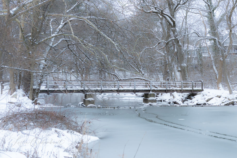 A snow covered bridge over the frozen bronx river
