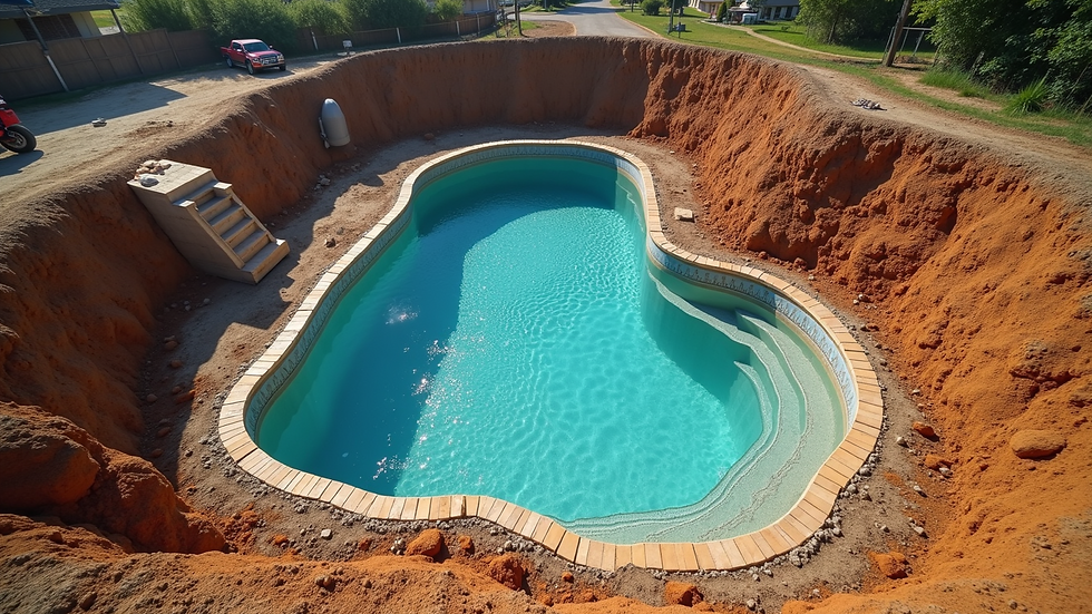High angle view of excavation site for pool construction
