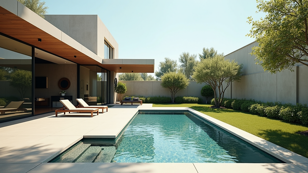 Wide angle view of an elegant outdoor space with a custom pool