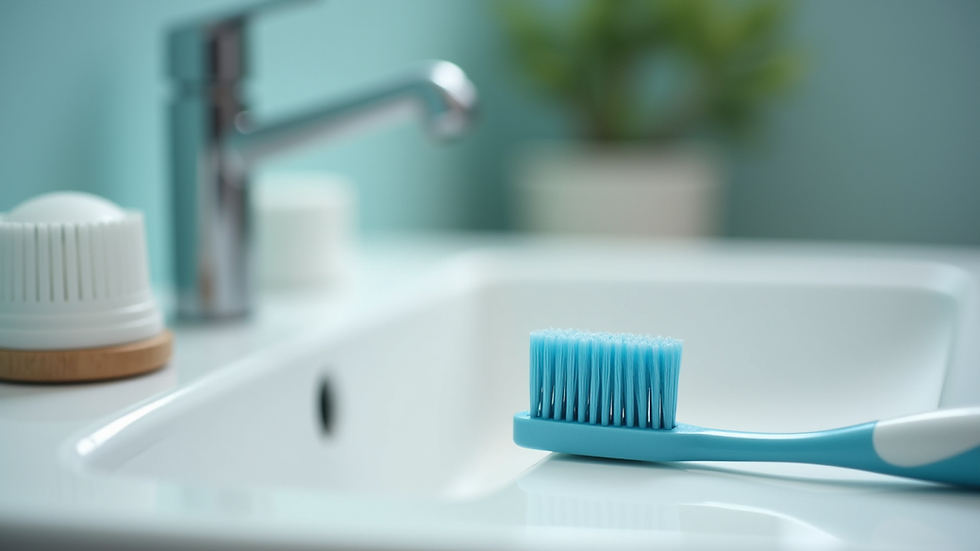 Close-up view of a toothbrush and toothpaste on a bathroom sink
